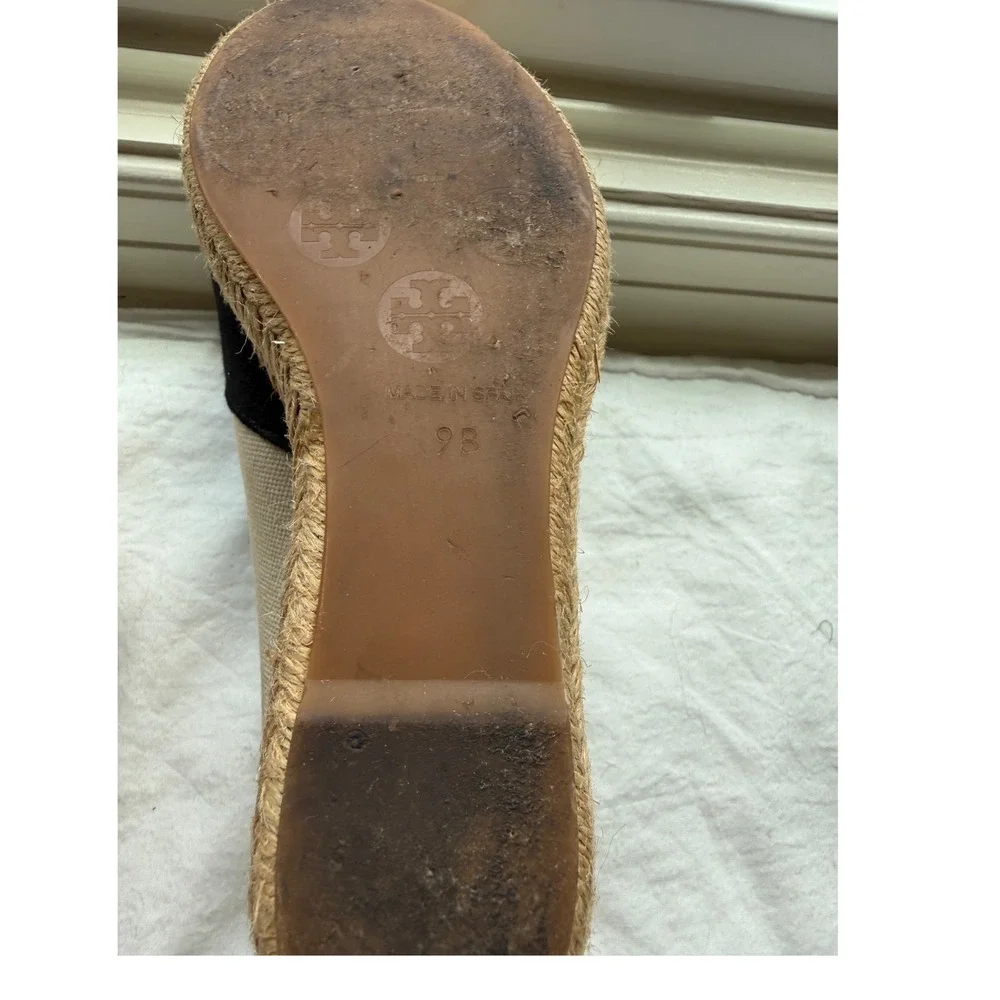 Tory Burch Women's‎ Filipa Espadrille Wedge Canvas Peep Toe Black Cream Size 9